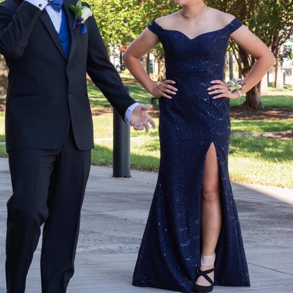 navy blue off the shoulder prom dress